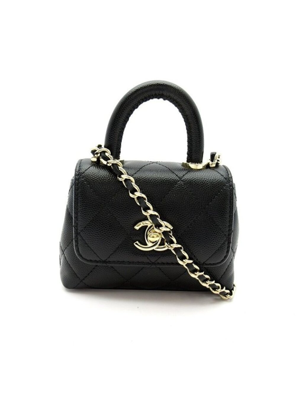 Chanel Quilted Coco Handle 11.5 Micro Chain Clutch Caviar Leather